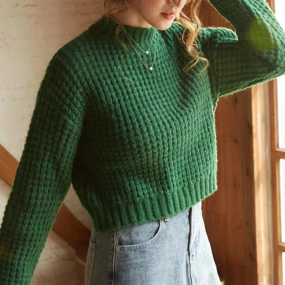 green waffle knit sweater fall winter trending chic casual - Picture 1 of 7